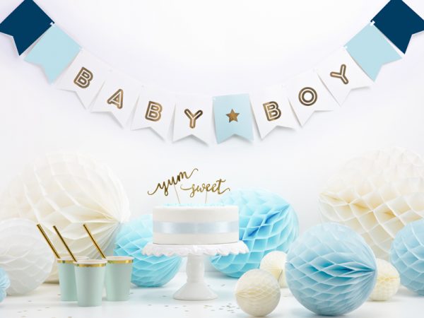 Deco Baby Shower Fanion de fête pour bébé "Baby Boy" : couleurs blanc, bleu et or