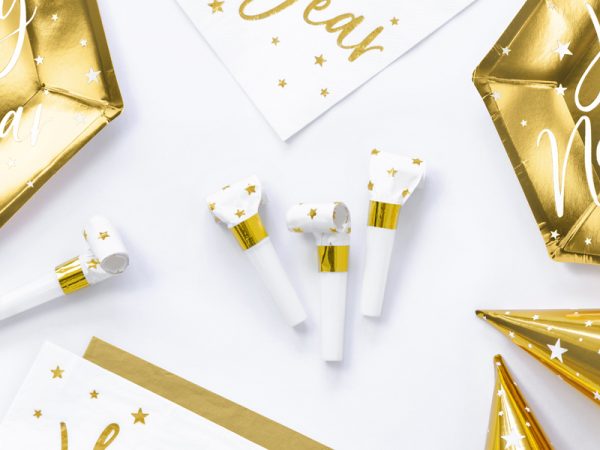 Articles de Fête Sifflets de fête en papier blanc avec étoiles dorées : 6 Pcs.