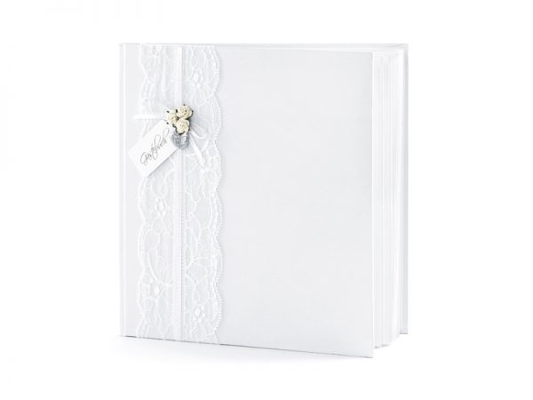 Livre d'or Mariage Livre d'or blanc avec ruban en dentelle, roses blanches, cœur et carte