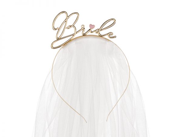 Accessoire EVJF Bandeau de mariée couleur or et lettres "Bride" avec voile blanc