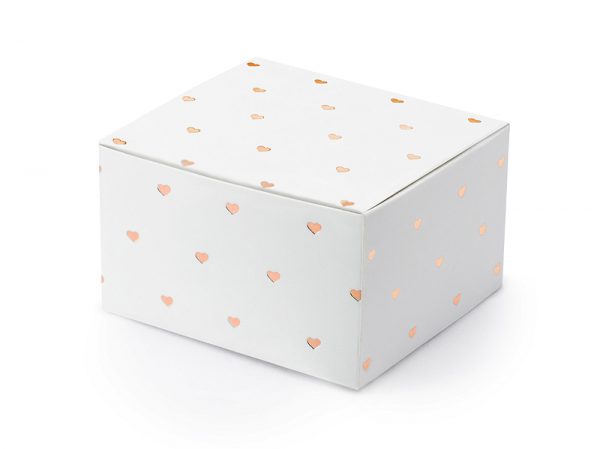 Boîtes & Sachets Boîte en carton carrée Couleur blanche et Coeurs en or rose : 10 Pcs.