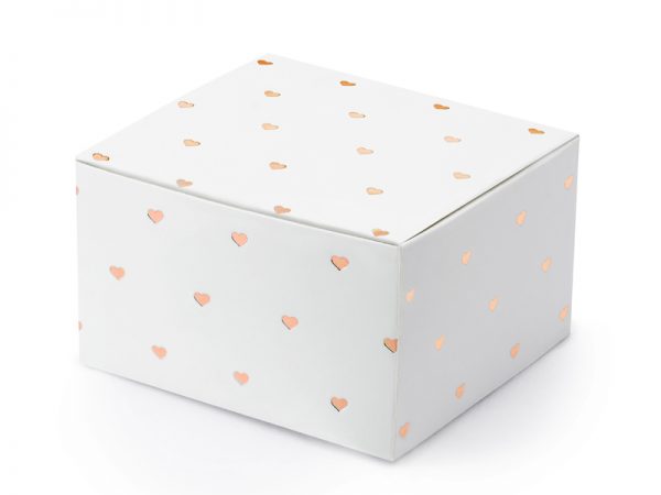 Boîtes & Sachets Boîte en carton carrée Couleur blanche et Coeurs en or rose : 10 Pcs.