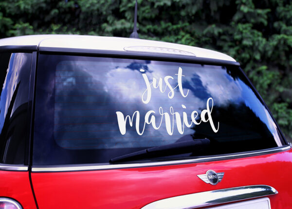 Décoration de Voiture Autocollant de voiture de mariage blanc : "Just Married".