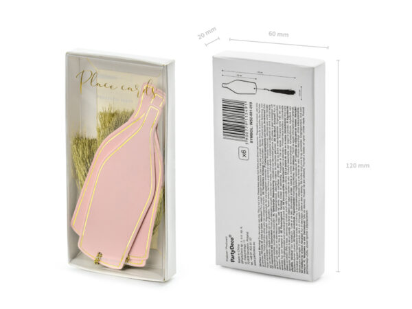 Accessoire EVJF Carte en papier en forme de bouteille de couleur rose et or avec pompon : 6 pcs.