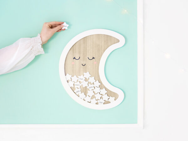 Deco Baby Shower Livre d'or en bois de la lune et des étoiles pour les bébés : couleur blanche et bois