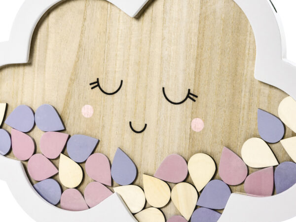Deco Baby Shower Livre d'or en bois avec nuages et gouttes pour bébés : blanc, bois et tons pastel