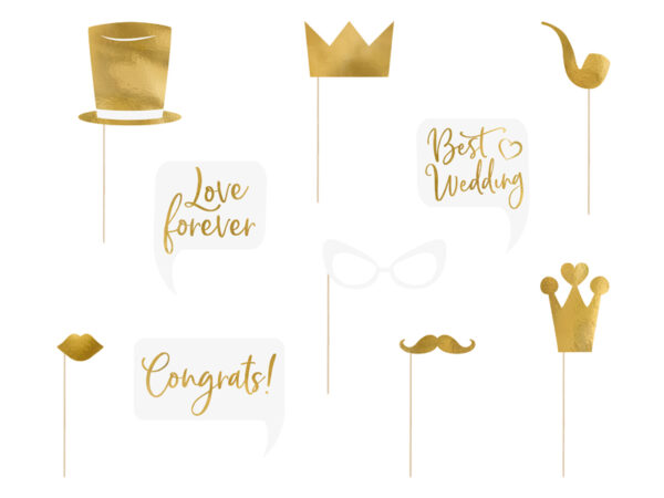 Accessoire Photobooth Mariage White and Gold Wedding Photocall Props with Pole : 10 pieces "Wedding".