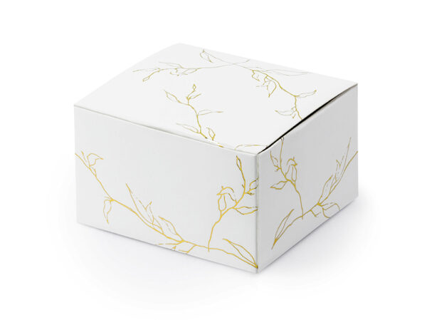 Boîtes & Sachets Boîte en carton carrée de couleur blanche avec des branches dorées : 10 unités