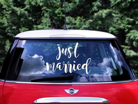 Décoration de Voiture Autocollant de voiture de mariage blanc : "Just Married".
