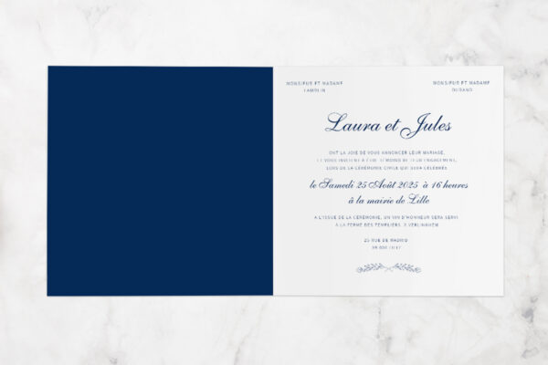 Faire-part de Mariage avec Fleurs Invitation de mariage Couleur Unie Bleu Marine
