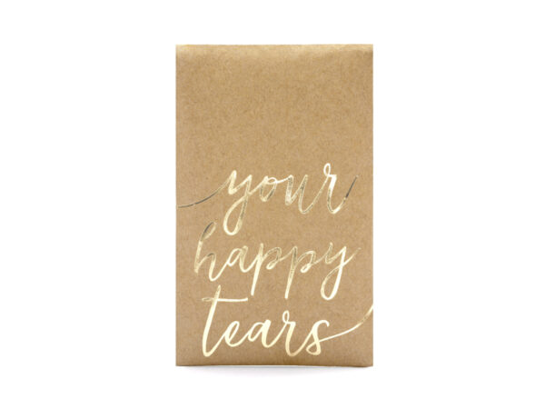 Compléments pour la Mariée Mouchoirs jetables dans une enveloppe en papier kraft avec inscription en lettres dorées "Your Happy Tear" : 10 pièces.