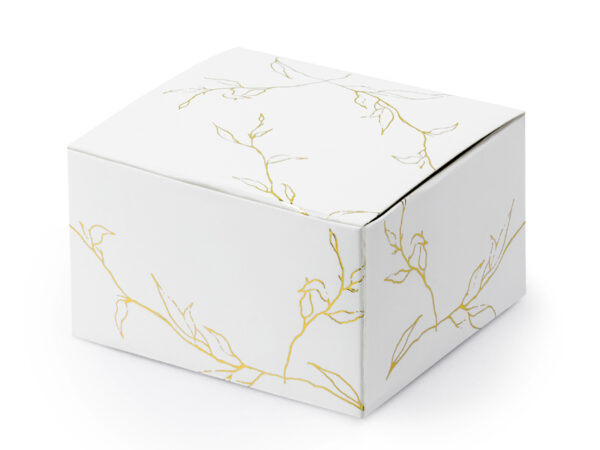 Cadeau Invité Mariage Boîte en carton carrée de couleur blanche avec des branches dorées : 10 pièces.