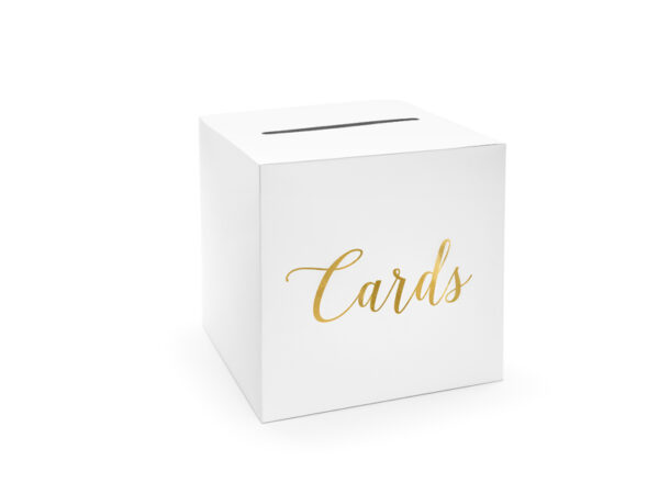 Décoration Mariage Boîte en carton blanc pour enveloppes et messages "Cartes" dorées