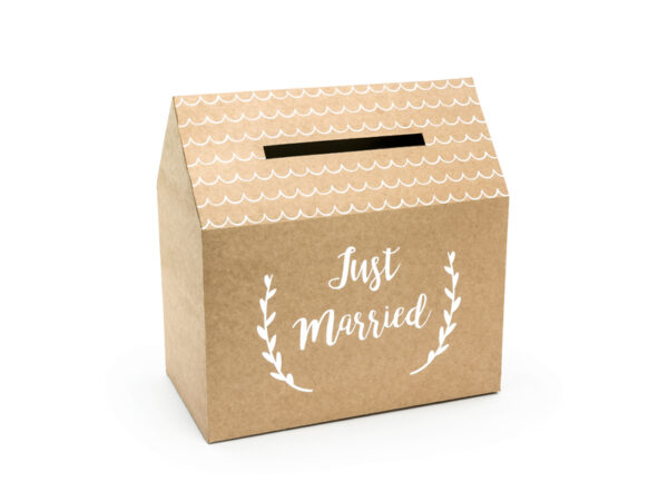 Décoration Mariage Boîte de maison pour enveloppes et messages en papier kraft "Just Married" blanc