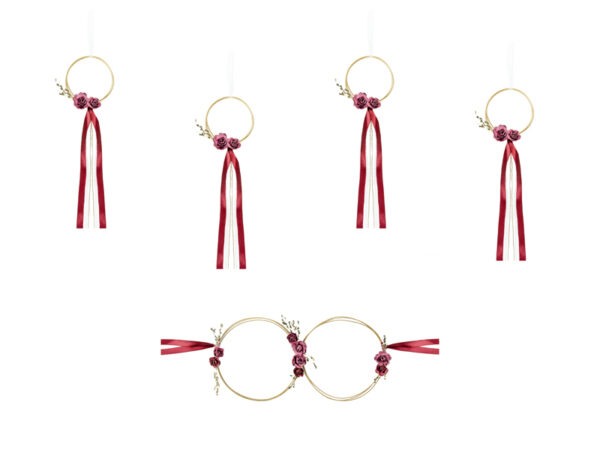 Décoration Mariage Kit de voiture de mariée et de marié en rotin rouge profond : 2 anneaux, ruban, bouquets et décorations de porte
