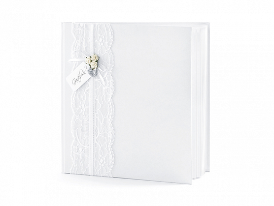 Deco Baby Shower Livre d'or blanc avec ruban en dentelle, roses blanches, cœur et carte