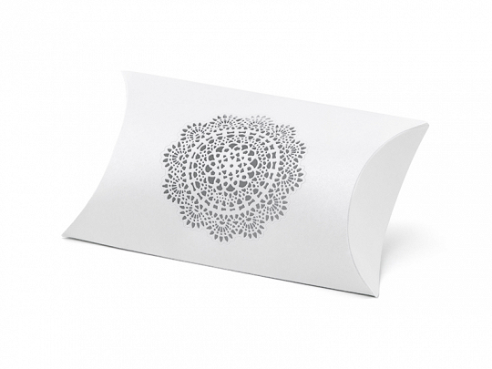 Cadeau Invité Mariage Boîte en carton rectangulaire blanche avec rosette ornementale grise : 10 pcs.